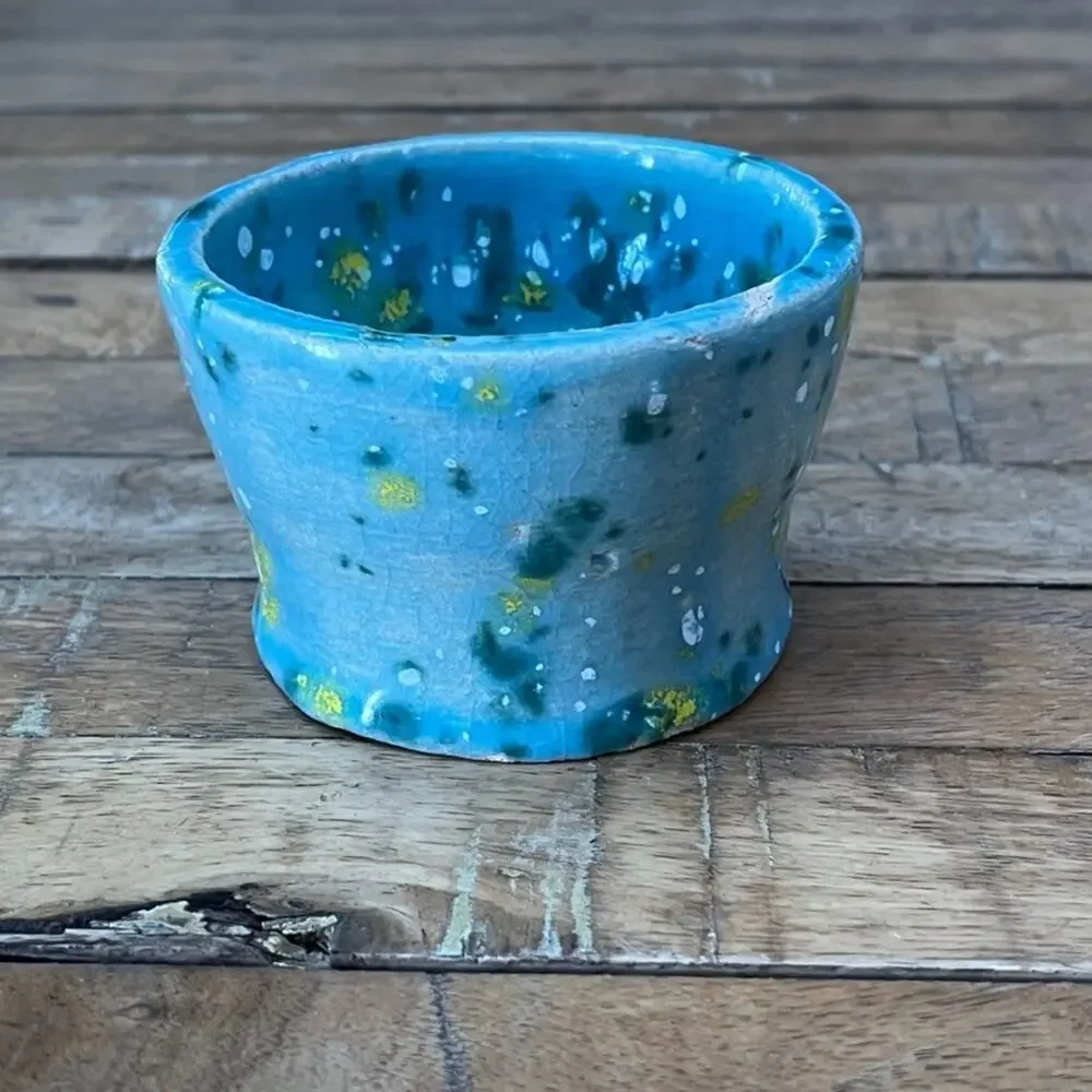 Handmade Clay Pottery Bowl Blue Yellow Speckled Crackle Glaze Artist Signed